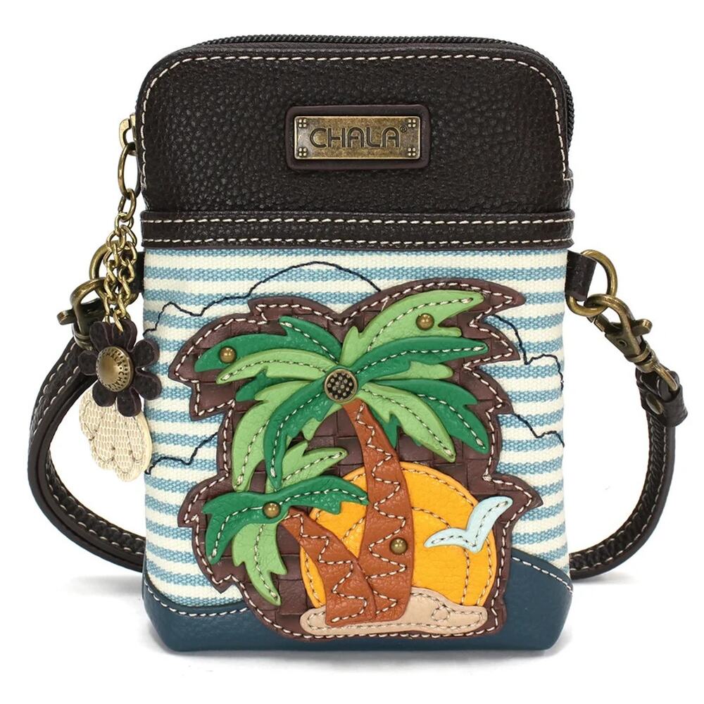 Chala Faux Leather Cellphone Crossbody Purse - Palm Tree, Blue Stripe NWT
